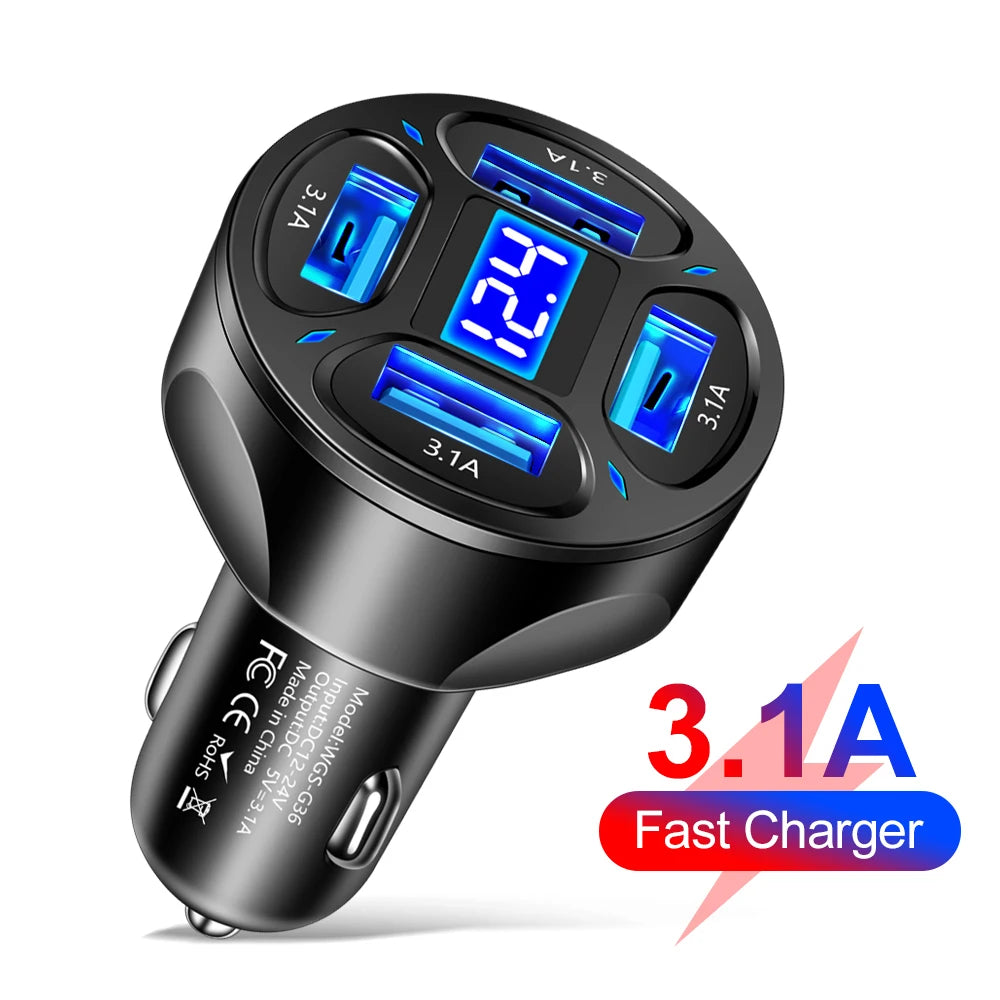 15W Fast Car Charger – 4-Port USB Charging Adapter