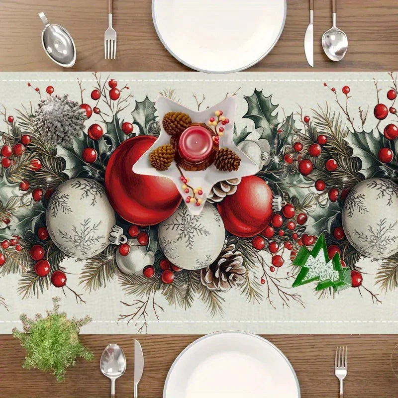 Camino de mesa de lino con piñas, bolas de Navidad y bayas rojas para decoración de mesa, caminos de mesa botánicos de Navidad de invierno, decoraciones navideñas