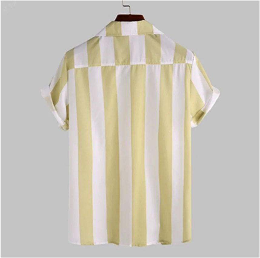Men's striped casual shirt, summer beach casual loose-fitting short-sleeved shirt, summer daily commuting style travel shirt
