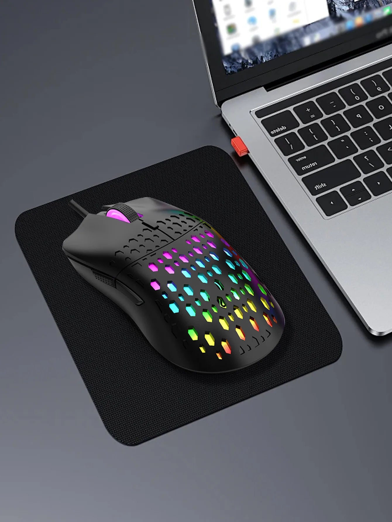 Ratón inalámbrico para juegos, efecto de luz deslumbrante y colorido, DPI variable, ratón perforado con diseño de panal de abeja a la moda