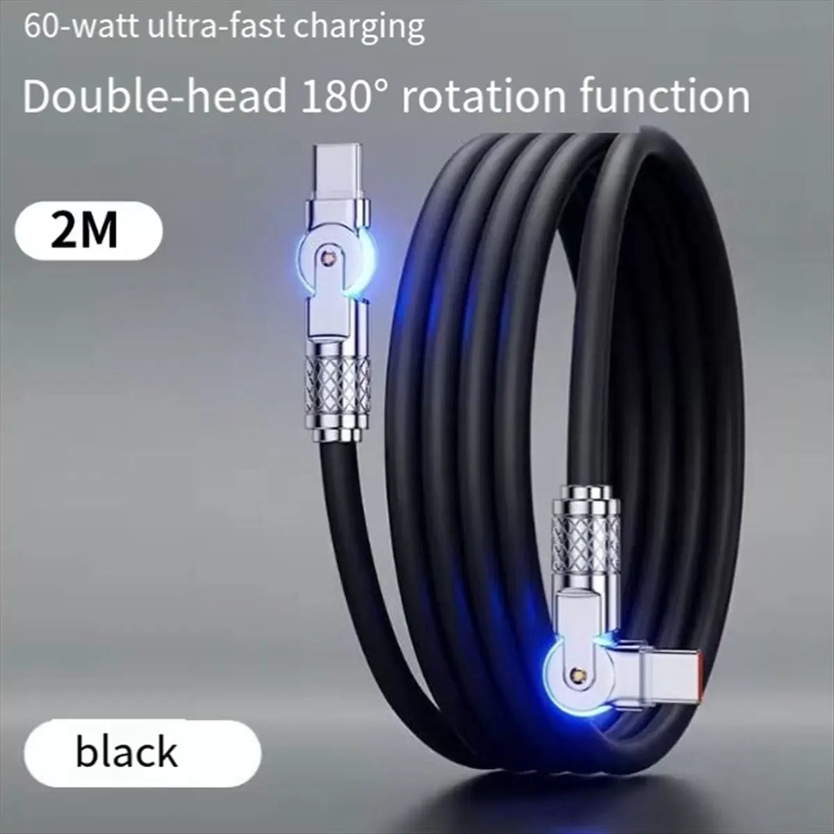 Câble de données de charge rapide et de transfert de données USB-C vers USB-C à double coude orientable à 180° pour ordinateurs portables et tablettes 2m