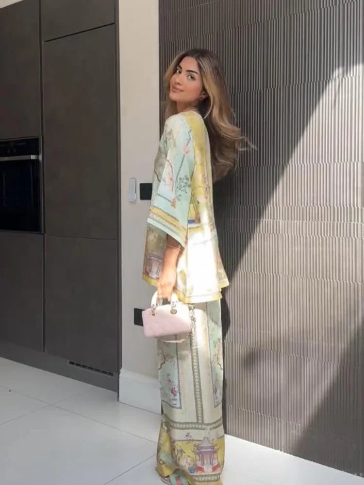 Fashion Women's Printed Long Pants Set Chic V Neck Long Sleeve Shirt Loose Wide Leg Trousers Suit Summer Female 2 Pcs Set Street