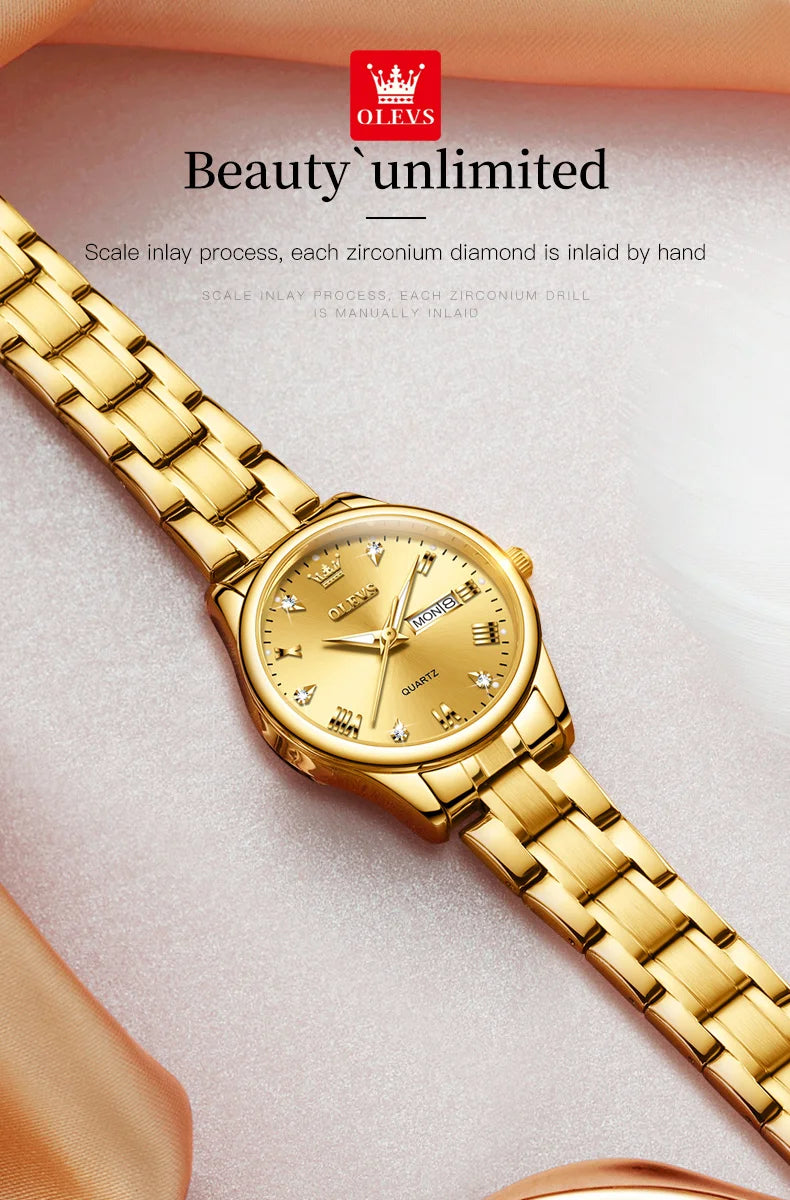 OLEVS Reloj de pulsera para mujer, relojes originales para mujer, de acero inoxidable impermeable, de lujo, de cuarzo, reloj de pulsera para mujer, dorado, Reloj Hombre