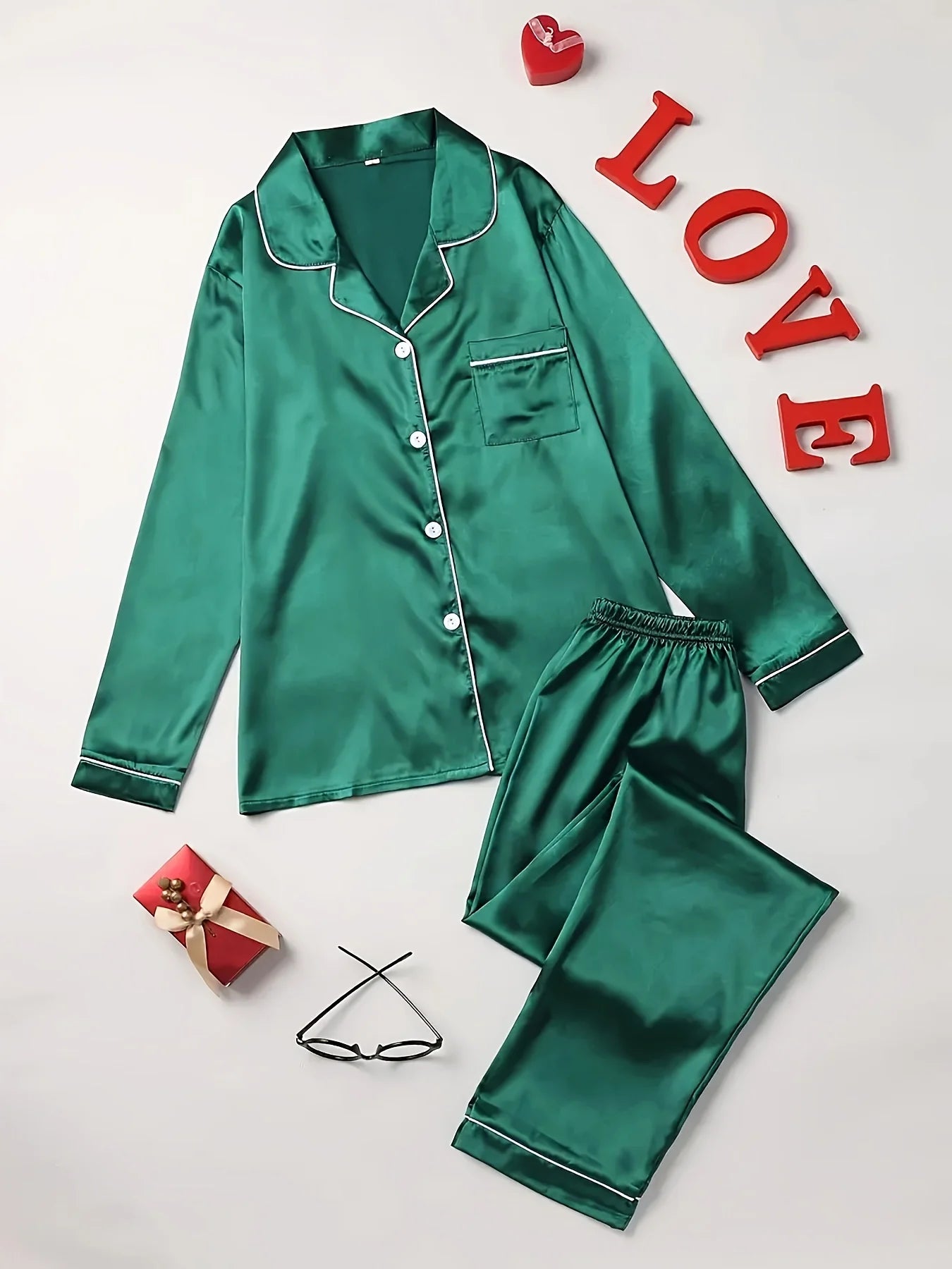 Conjunto de pijama liso de manga larga con botones y cuello tipo solapa, top y pantalones, conjunto de ropa de dormir y de estar para mujer