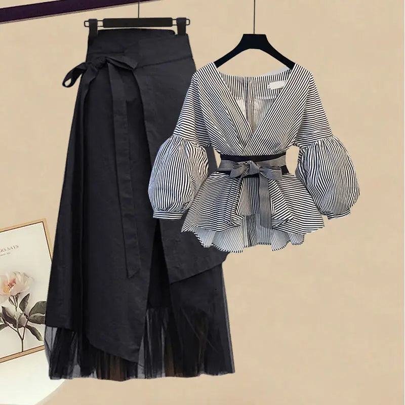 Conjunto de 2 piezas de falda y top, primavera verano casual, cuello en V, top holgado, conjuntos de falda, moda coreana, ropa de mujer