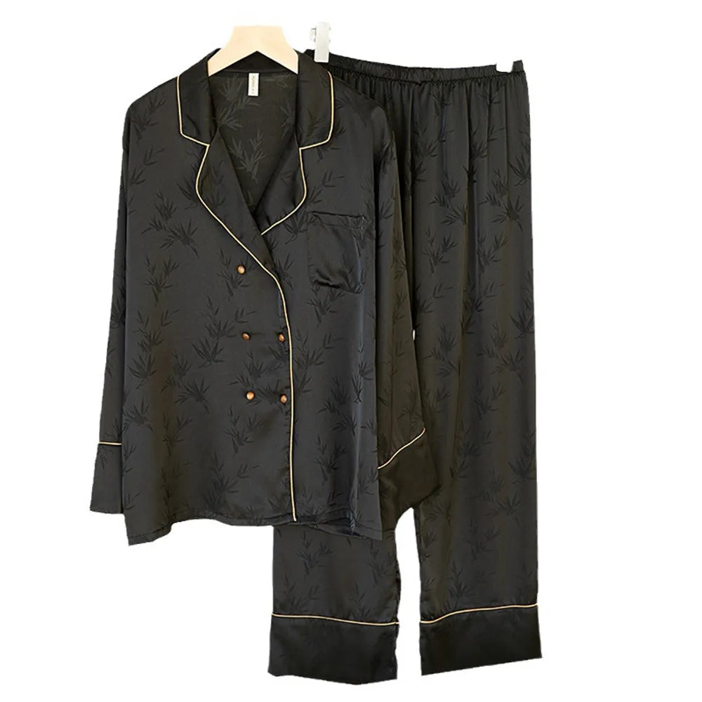 Women Pajamas Set Sleepwear Sexy Double-Breasted Jacquard Satin Pijamas Suit Spring Home Wear Loungewear