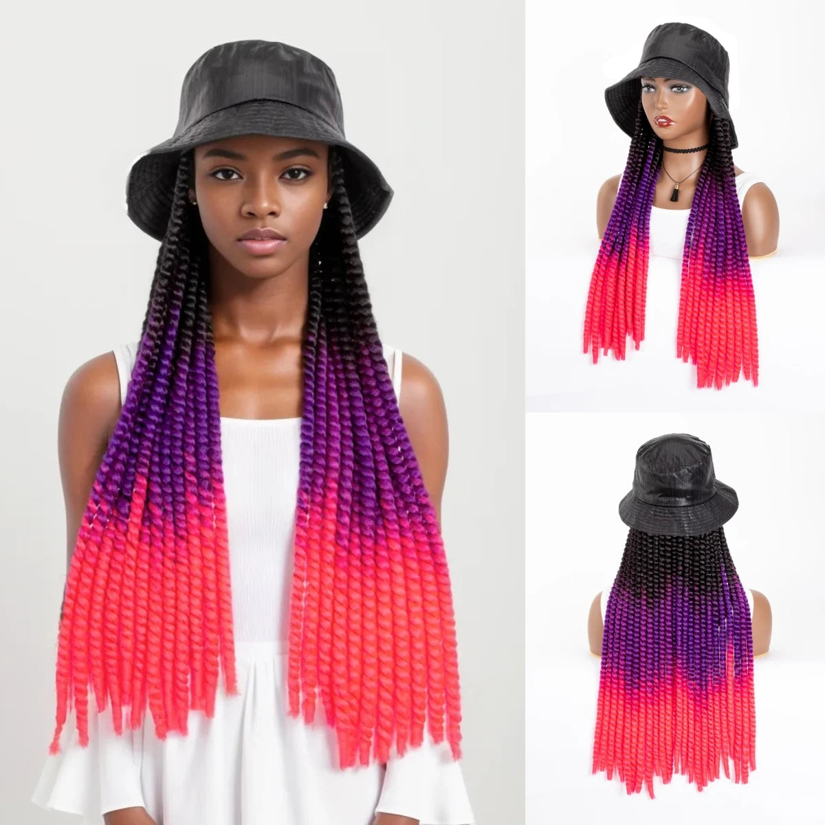 WIGERA Ombre Black Blue-purple Synthetic Havana Mambo Twist Braided Hair Extensions Cap Wig Spring Braiding With Bucket Hat