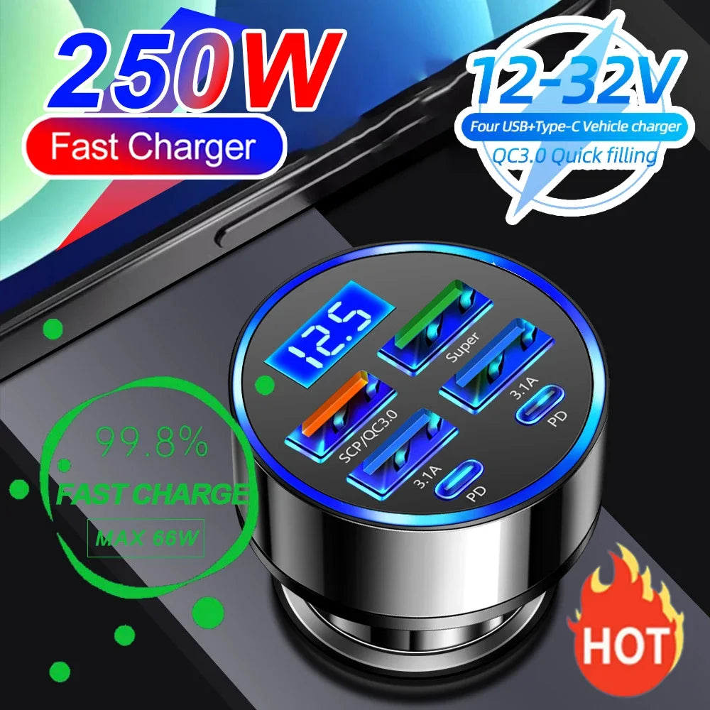 Chargeur allume-cigare 250 W PD QC3.0, charge rapide, 6 en 1, prise allume-cigare, 5 ports, charge rapide avec affichage numérique
