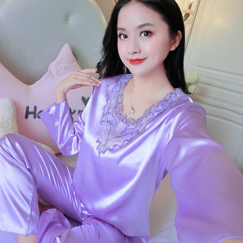 Women's Pajamas Set Summer Long Sleeve And Pants Pyjamas Two-piece Set Pajama Ice Silk Satin Sexy Sleepwear Home Suit Loungewear