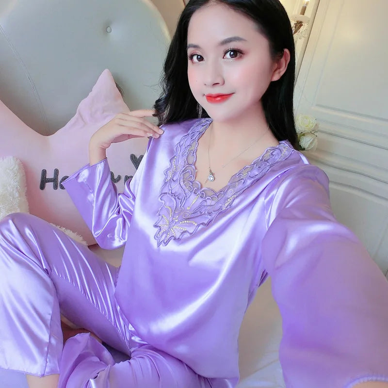 Women's Pajamas Set Summer Long Sleeve And Pants Pyjamas Two-piece Set Pajama Ice Silk Satin Sexy Sleepwear Home Suit Loungewear