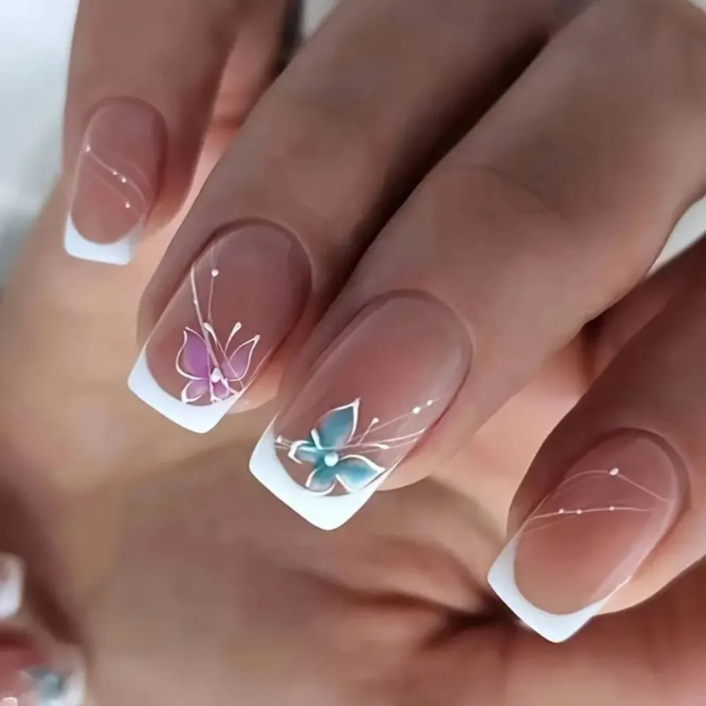 Uñas postizas francesas de cabeza cuadrada, impermeables, manicura usable, color nude degradado, uñas a presión, cubierta completa, puntas de uñas brillantes para mujer