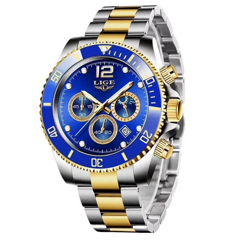 Reloj de hombre LIGE de marca superior, reloj de lujo para hombre, deportivo, resistente al agua, cronógrafo de acero inoxidable, reloj de pulsera de cuarzo, Relogio Masculino+Caja