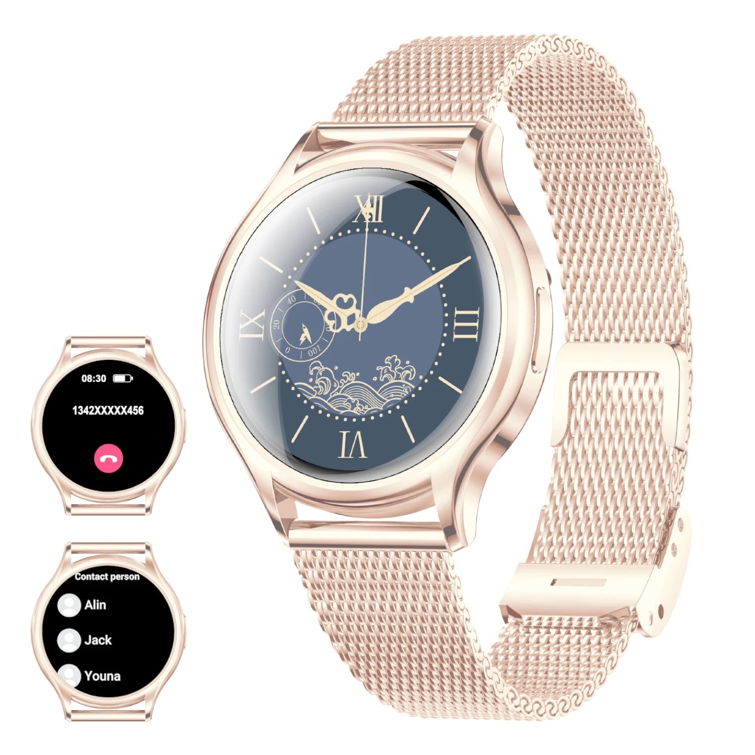 Montre connectée pour femmes, écran HD de 1,27 pouce, moniteur de santé, assistant vocal IA, appels Bluetooth, contrôle de la musique, cadrans personnalisés