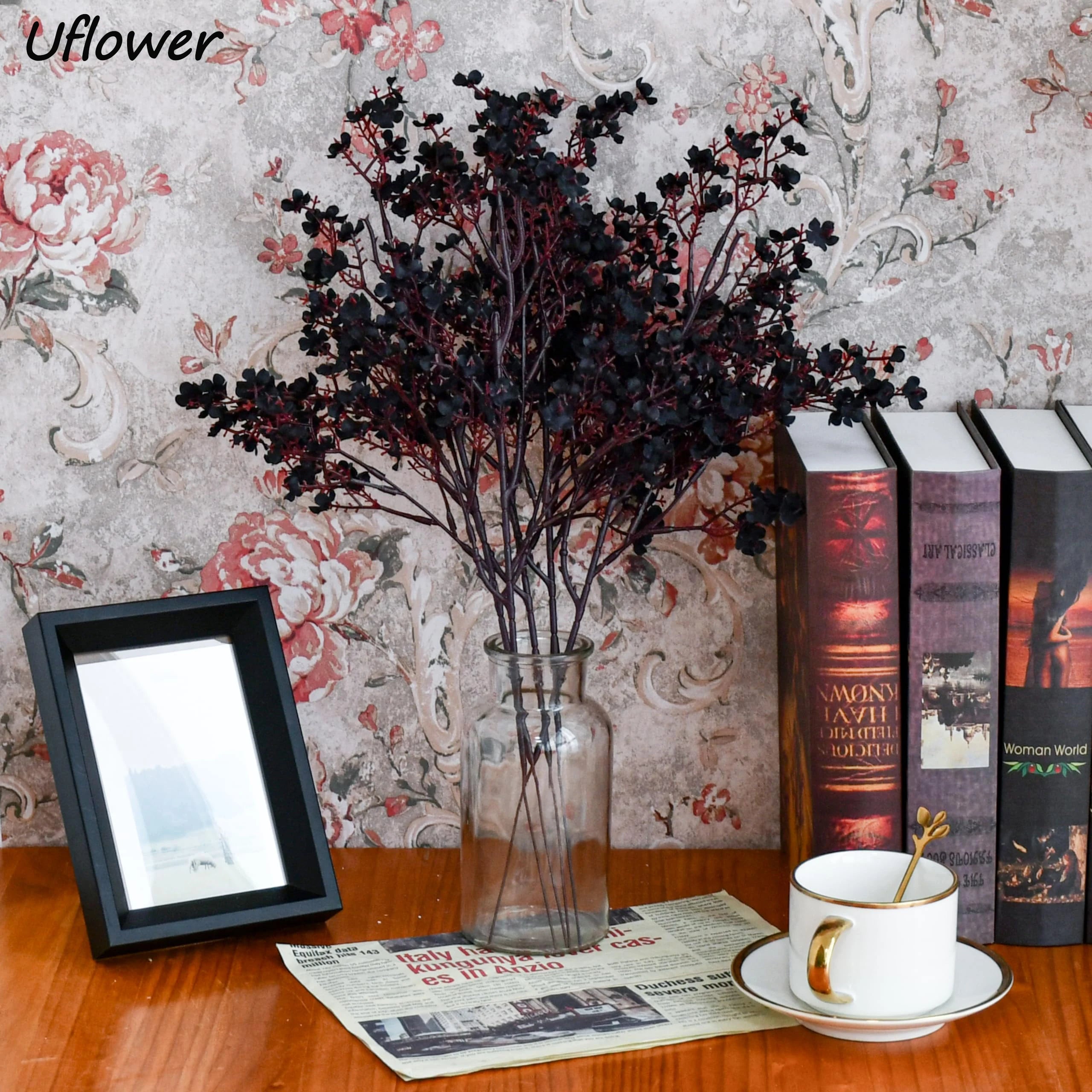 Flores artificiales negras de cerezo Gypsophila, plantas artificiales, ramo de boda DIY, jarrones para decoración del hogar, rama de Navidad artificial