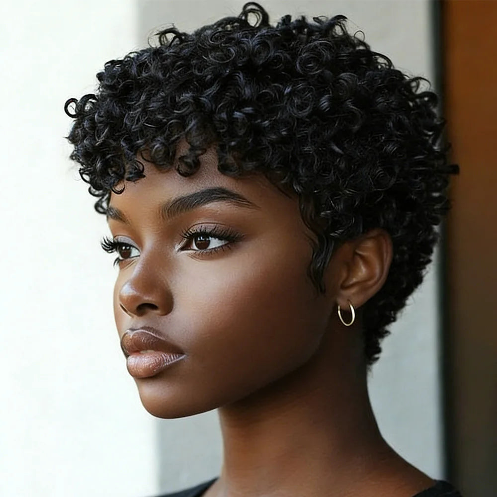 Short Black Kinky Curly Pixie Cut Human Hair Wig With Bangs Brazilian Remy Human Hair Wigs 180% Density Full Machine Made Wig
