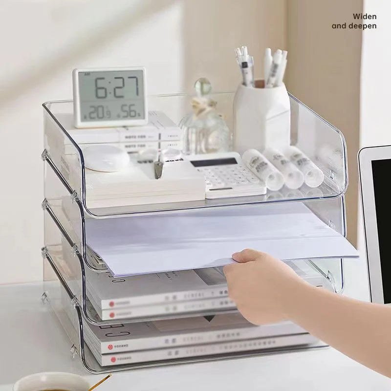 Desktop File Organizer Stackable Storage Tray Clear Paper Rack Stationery Box Home Office Magazine Book Shelf Transparent Holder
