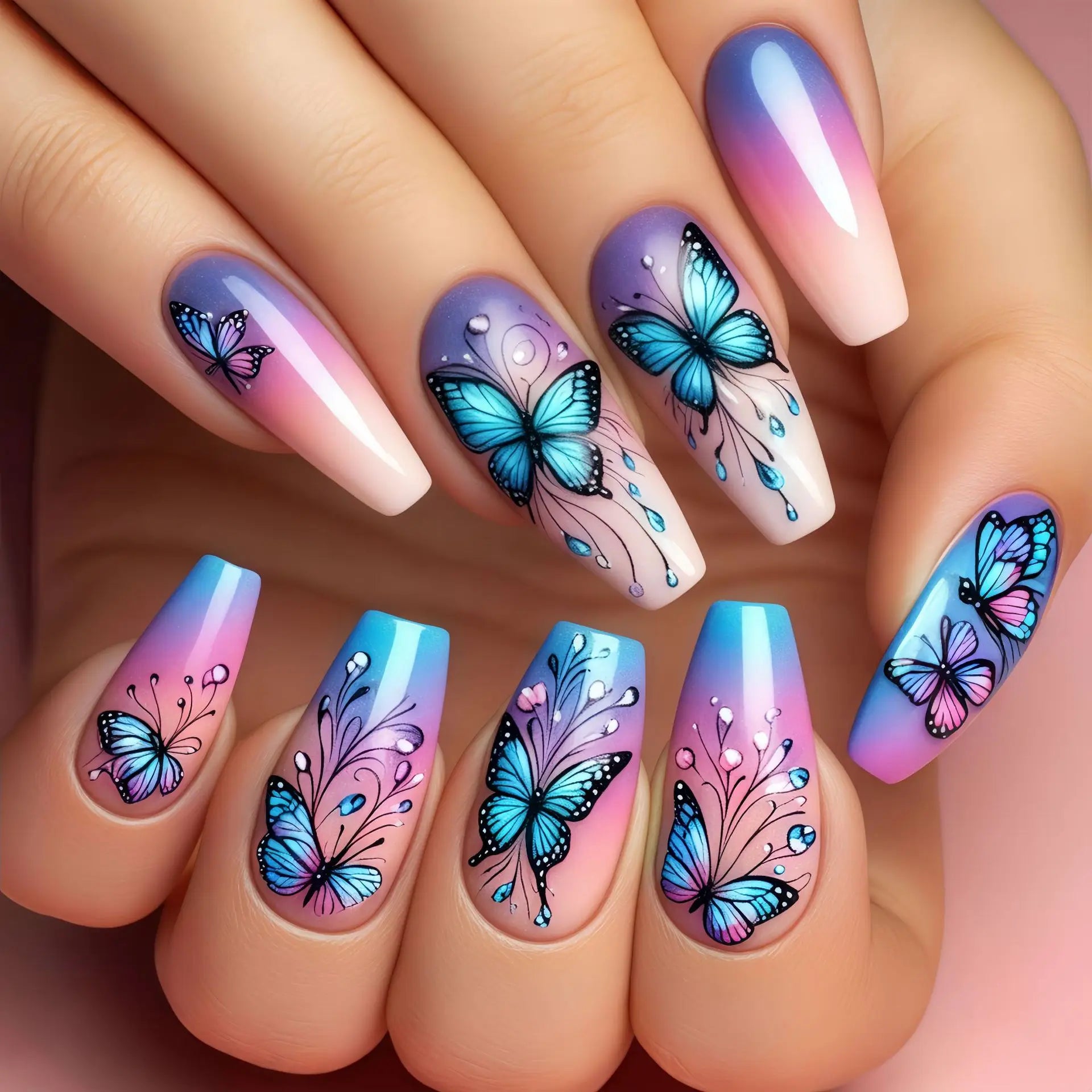 24 Piezas Uñas Postizas Ataúd Dulce Fresco Mariposa Flor Acrílico Brillo Uñas Falsas Brillantes Cubierta Completa Otoño Puntas de Uñas a Presión