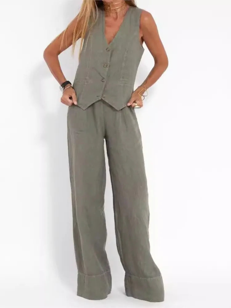 Conjuntos de chaleco y pantalón de moda para mujer, de algodón liso, traje informal, top sin mangas con botones de patchwork + pantalones, conjunto de 2 piezas para la oficina