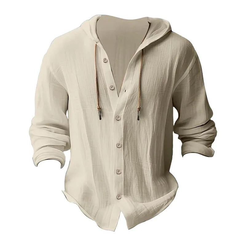 Camisas casuales de playa para hombre, de algodón y lino, con capucha, de manga larga, para hombre, holgada, de color liso, con botones, cárdigan, ropa de calle.