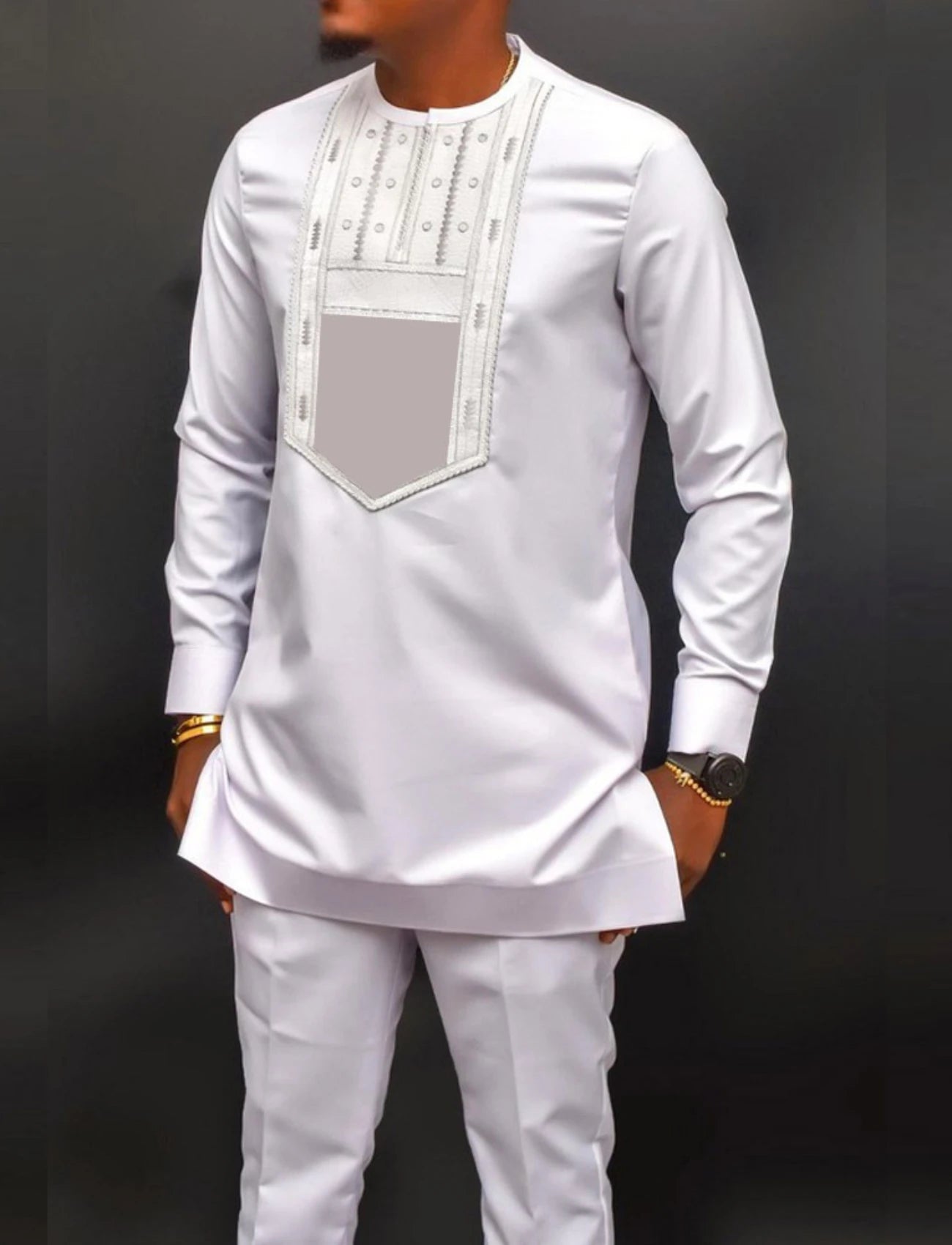 Traje de dos piezas para hombre africano, de manga larga, cuello redondo, camisa bordada, pantalones, conjuntos de fiesta, camisa étnica de verano, estilo africano simple