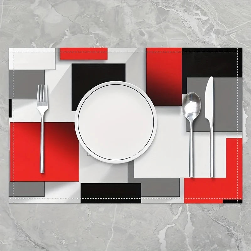 1pc Geometric Placemats, Abstract Modern Art Placemats For Dining Table, Red White Black Blocks Fabric Decoration Room Decor