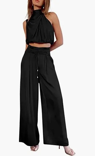 Ensemble deux pièces pour femme, pantalon ouvert au nombril, haut sans manches en soie plissée, pantalon large, ensemble assorti d'été 2024