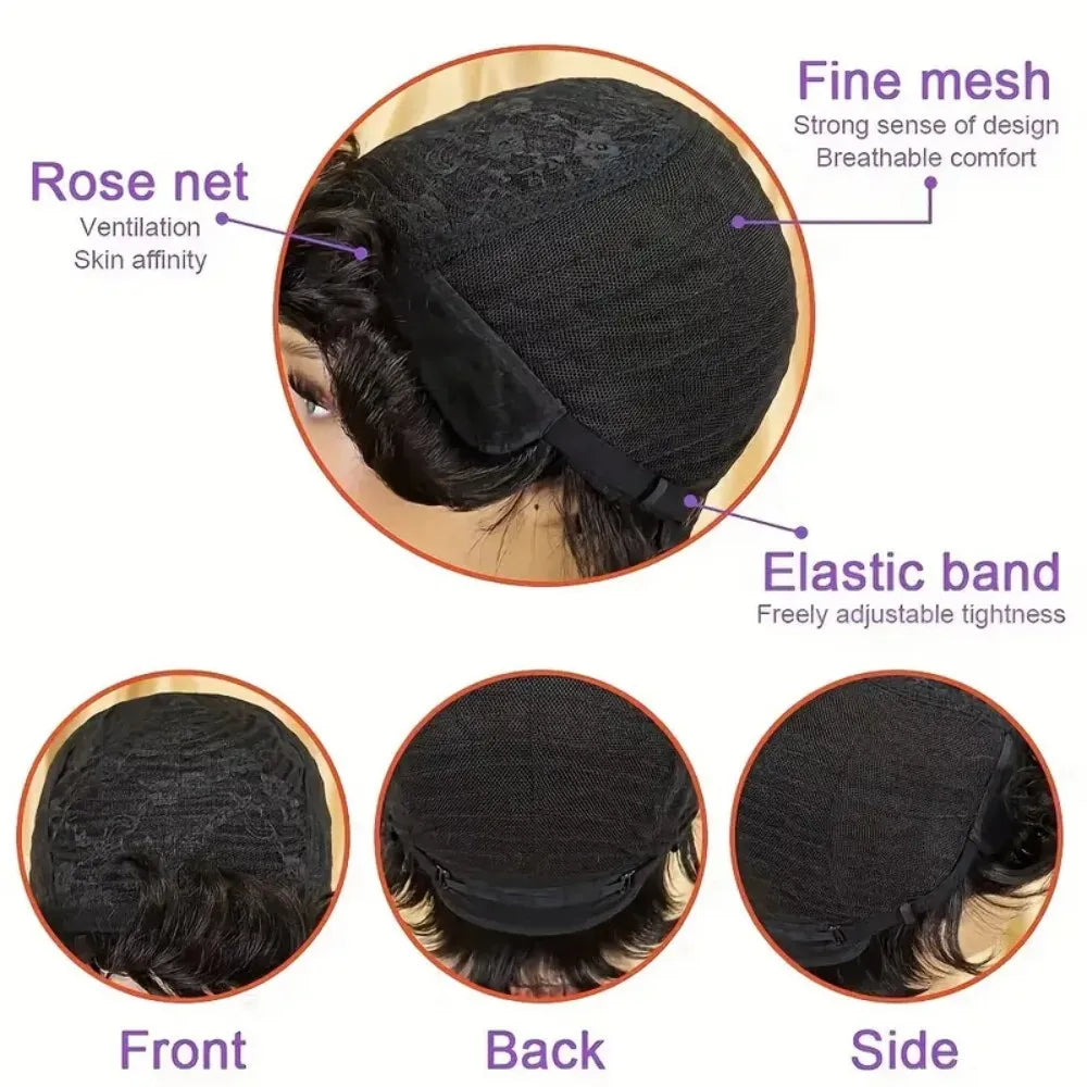 Short Human Hair Pixie Cut Straight Full Machine Made Wigs with Bangs for Daily Wear