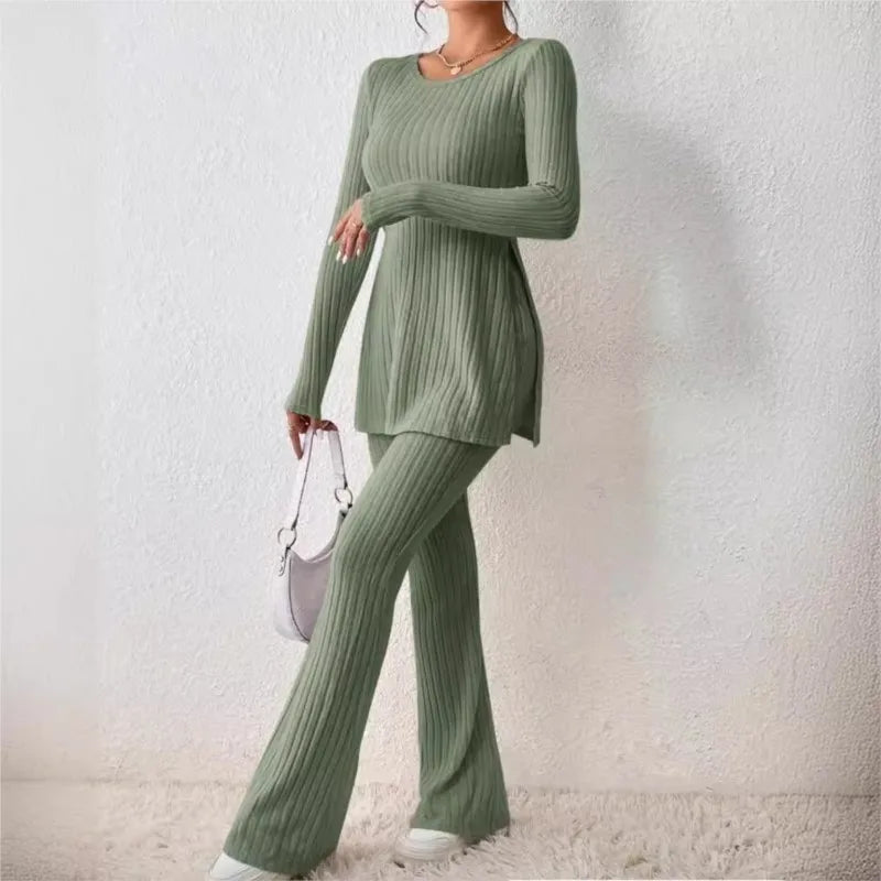 Ropa de Mujer Otoño Invierno Nuevo Estilo Color Sólido Sexy Casual Manga Larga Cuello Redondo Rajado Moda Temperamento Conjunto de Dos Piezas