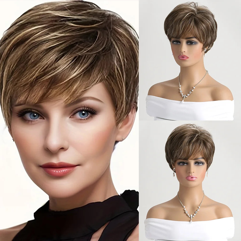 Short Natural Wigs with Bangs Soft Mommy Hair Daily Use Short Grey Ombre Curly Synthetic Hair Costume Party Wig for Women