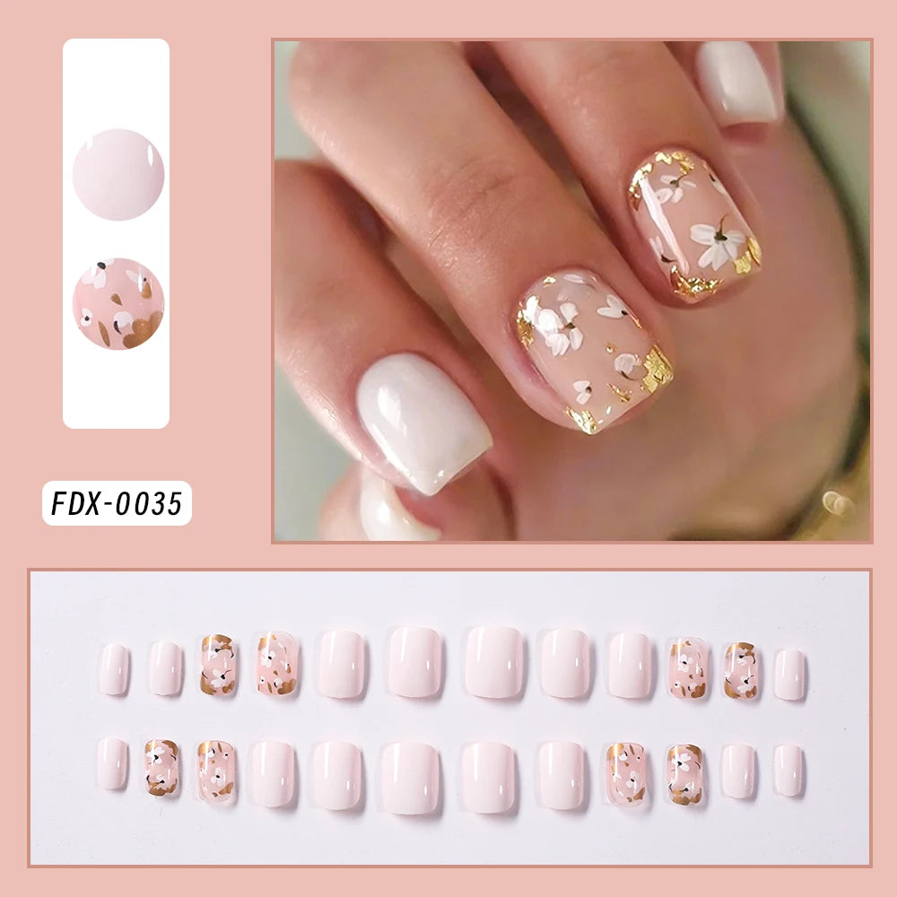24 Pcs Uñas postizas cuadradas cortas estilo ataúd, uñas postizas francesas con brillo, uñas acrílicas de cubierta completa para mujer, puntas de uñas a presión tipo ballet