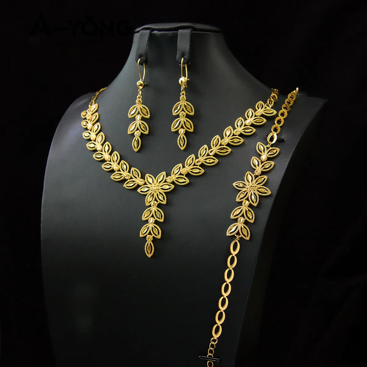 Juego de joyas de boda de lujo de Dubái, chapado en oro de 21k, collar, pulsera y pendientes de oro nupcial árabe, joyería vintage para mujer brasileña