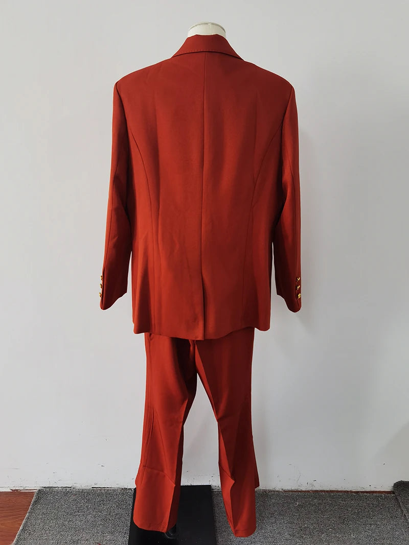 Conjunto de dos piezas de blazer corto informal retro de invierno para mujer y pantalones de pierna ancha, traje de color liso con cierre en la cintura