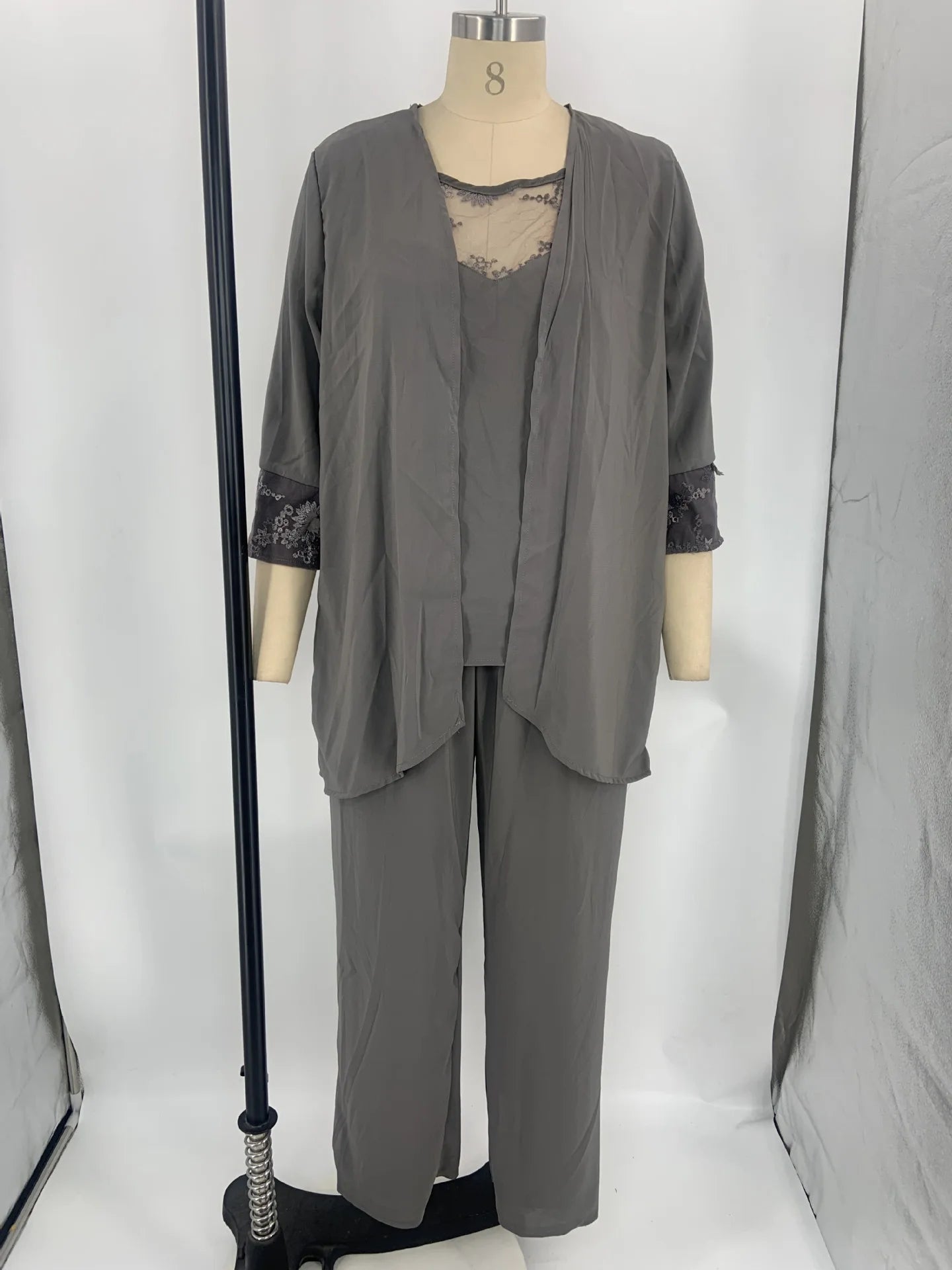 Conjuntos elegantes de pantalones para mujer, traje formal de oficina, tallas grandes, gasa, encaje, pantalones rectos, cárdigan, tops, conjuntos de 3 piezas para mujer