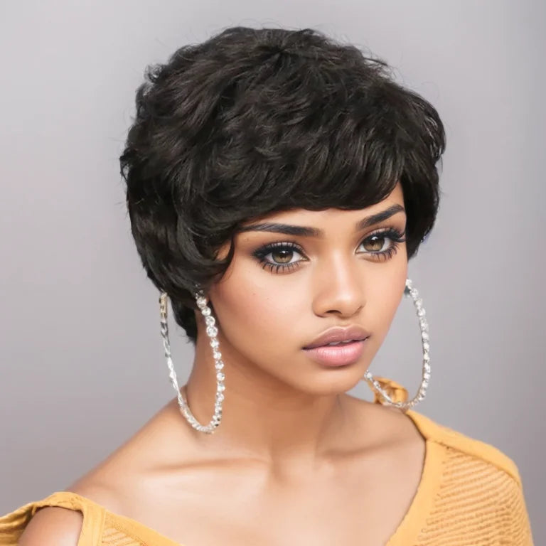Peluca Bob Corto de Cabello Humano para Mujeres Negras, Pelucas Pixie Cut de Cabello Humano, Peluca Sin Pegamento, Peluca Sin Encaje Frontal con Flequillo, Negro Natural