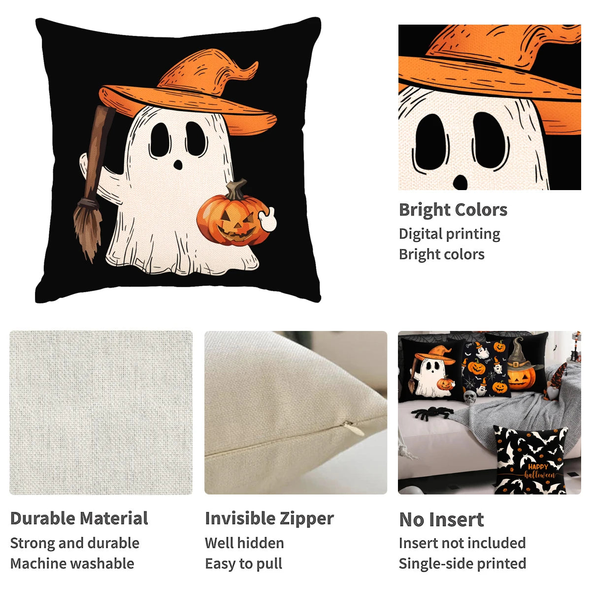 1 ud./4 Uds. Funda de almohada decorativa de Halloween, funda de cojín de truco o trato, fantasma, cabeza de calabaza, funda de cojín de sofá con decoración de murciélago