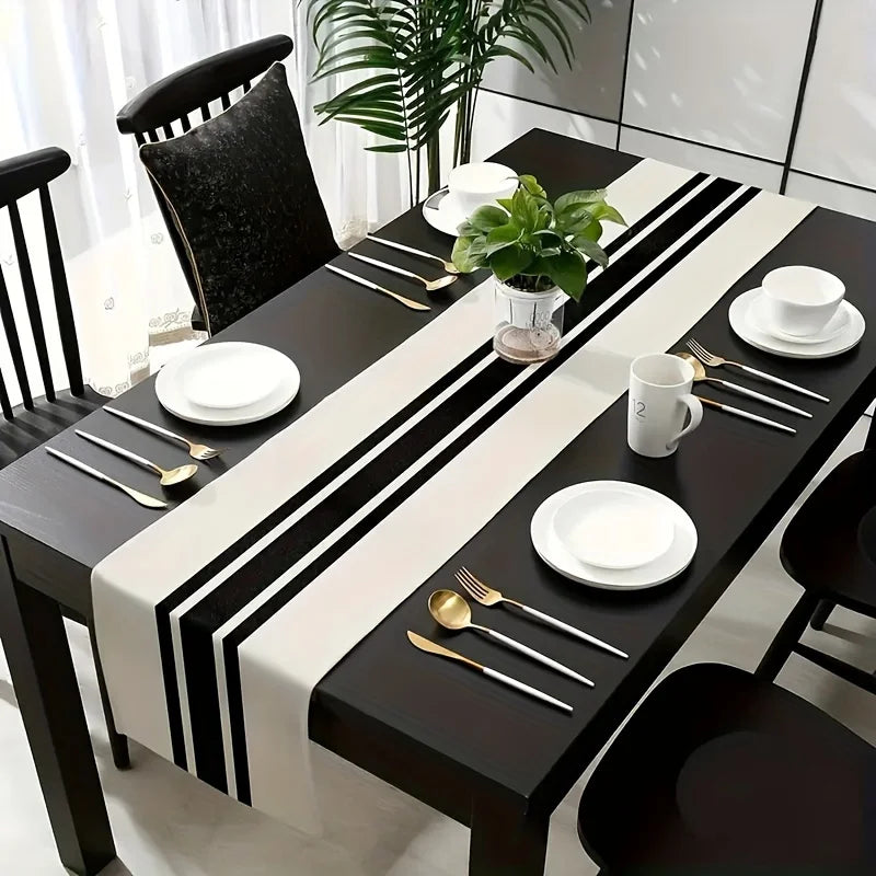1pcStriped Table Runner Simple Modern Style Table Runner, Black And White Printed TableRunners Luxurious Linen Table Cloth