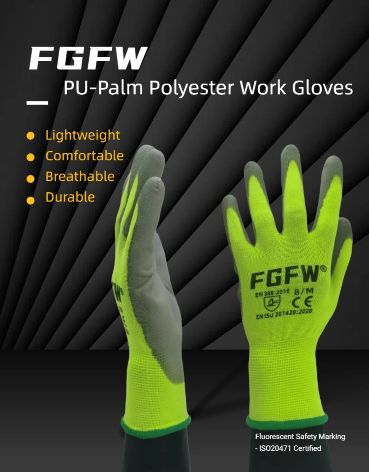 Lot de 10 paires de gants de travail enduits de PU - Gants de sécurité légers et résistants, certifiés EN 388/ISO 20471, tailles S/M/L/XL
