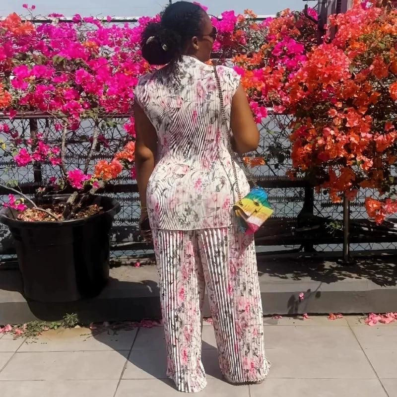 Conjuntos de 2 piezas para mujer, elegantes, plisados, top sin mangas ajustado y pantalones de pierna ancha, ropa elegante para mujer