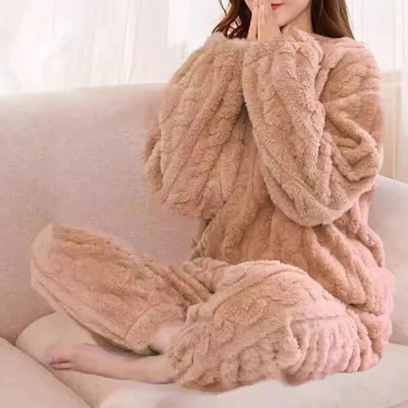 Conjunto de pijama de mujer, invierno, ropa de dormir, cuello redondo, top holgado de manga larga, pantalones de cintura elástica, conjuntos de pantalón, tallas grandes, conjuntos a juego