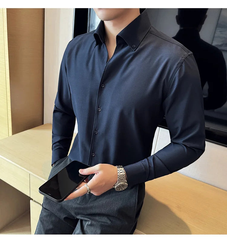 Camisa de vestir de hombre Otoño Estilo británico Liso Casual Ajustado Formal Camisas Cuello en V Manga Larga Camisa Ropa de hombre Streetwear