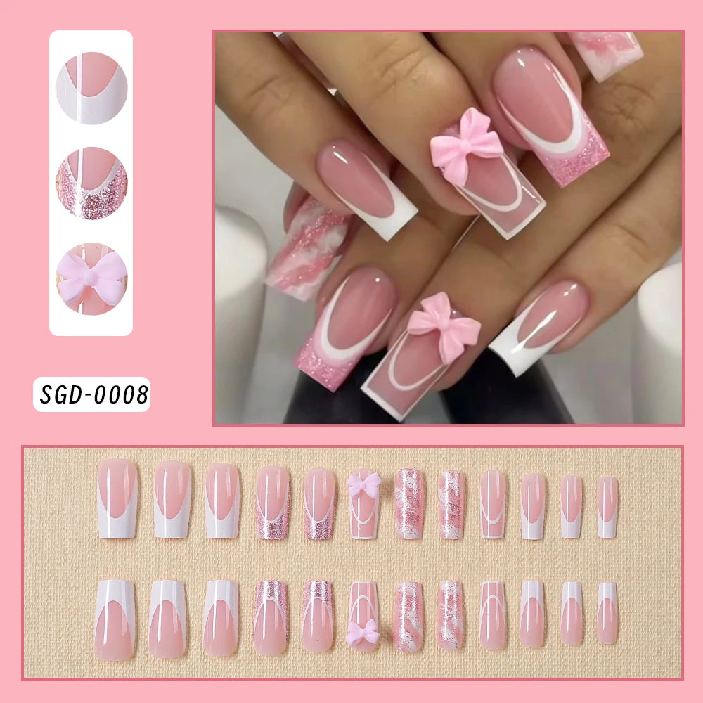 Uñas postizas de leopardo rosa de 24 piezas con punta francesa, cabeza cuadrada corta, lazo negro 3D, uñas postizas acrílicas de cobertura completa a presión