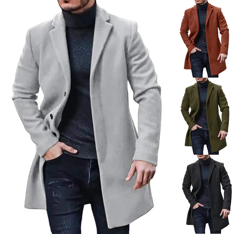 Chaquetas de streetwear para hombre, ropa de abrigo informal de color liso y abrigos, chaqueta de lana de solapa con botonadura simple para primavera e invierno