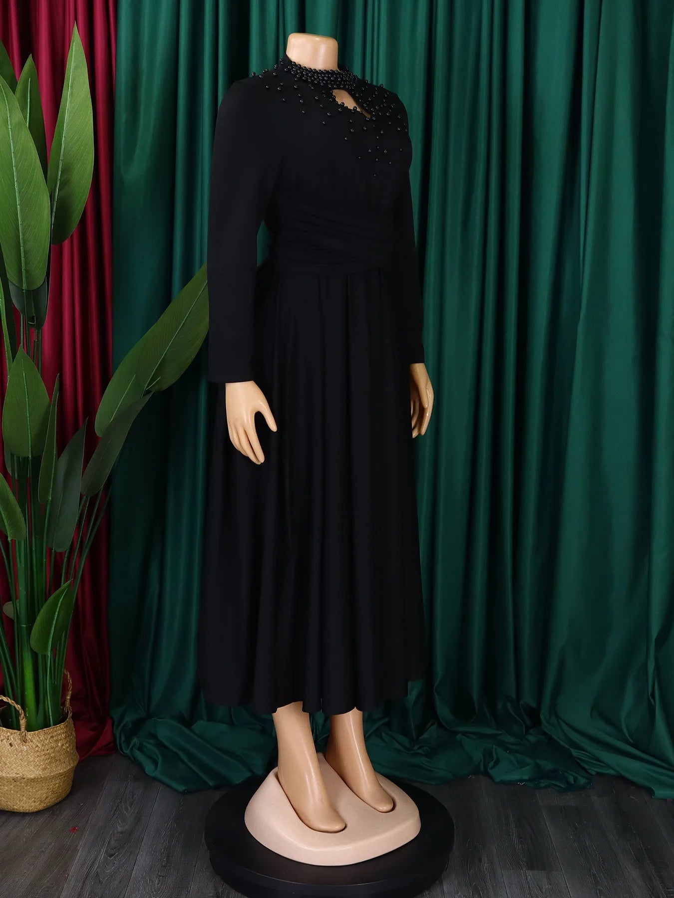 Vestido Elegante Africano para Mujer, Vestidos de Noche con Cuello Alto y Cuentas a la Moda, Vestido Delgado de Temperamento para Mujer, Vestidos Casuales de Manga Larga