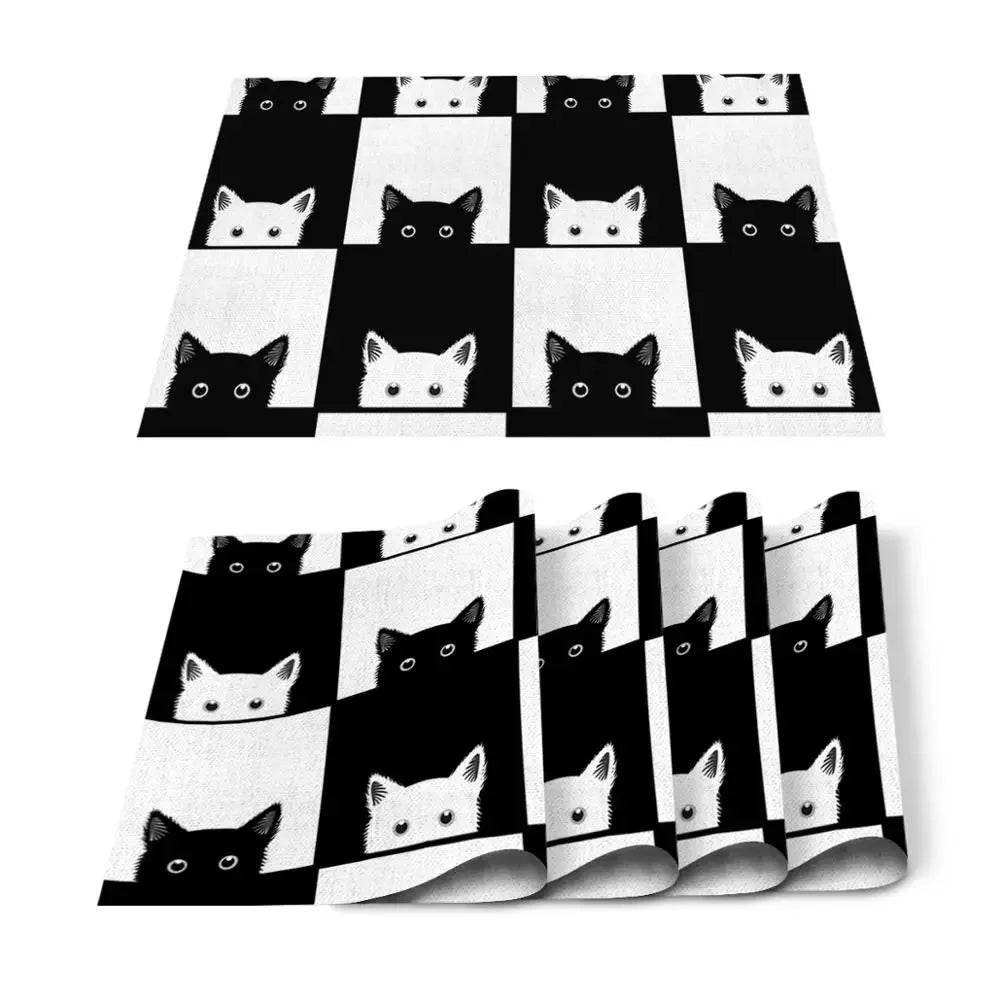 Individuales para mesa de comedor con diseño de gato, animal, lindo, blanco y negro, para mascotas, para cocina, bar, posavasos