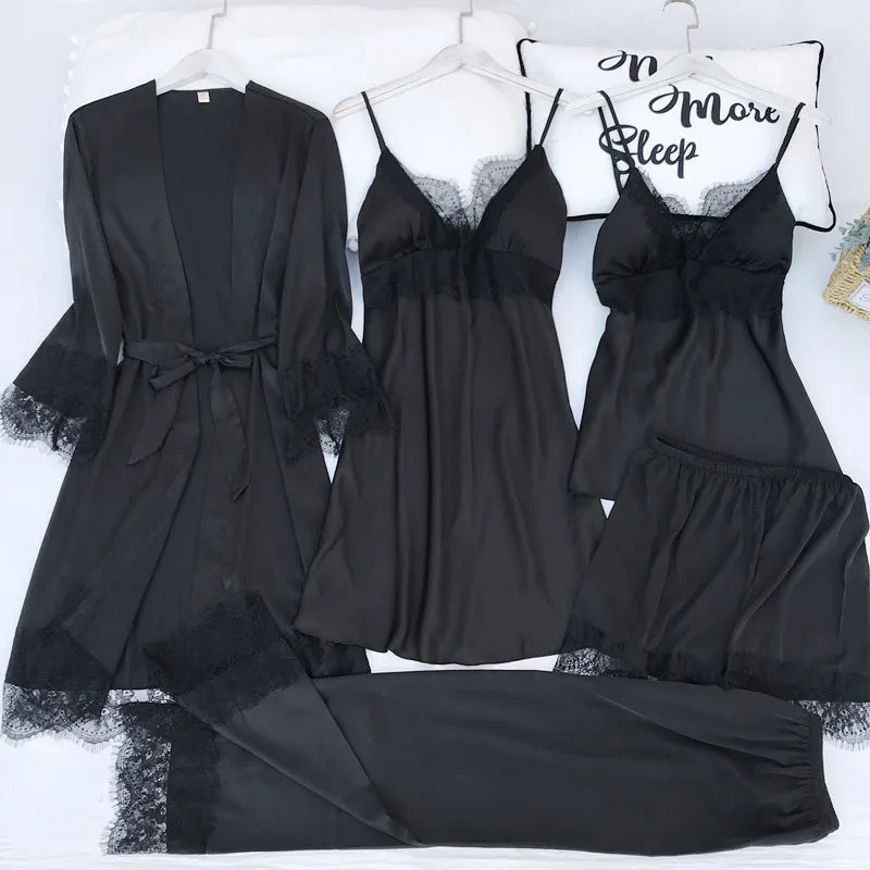 Pijama de cinco piezas para mujer, ropa de dormir para primavera y verano, camisón, bata de baño sexy de encaje, bata de satén de seda suelta para el hogar, ropa de estar en casa