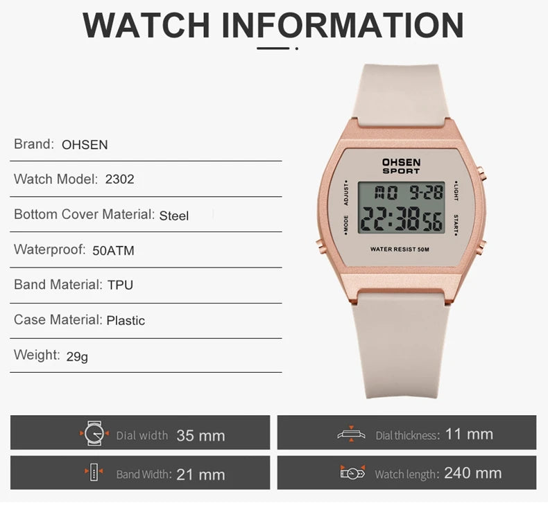 Reloj deportivo digital para mujer, resistente al agua, a la moda, blanco, para damas, reloj de pulsera electrónico para niños, relojes LED con alarma, regalos