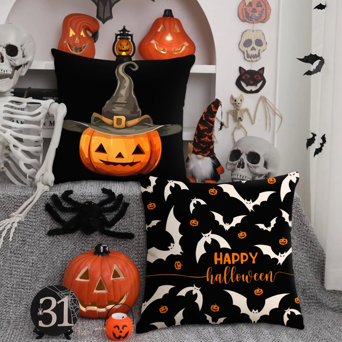 1 ud./4 Uds. Funda de almohada decorativa de Halloween, funda de cojín de truco o trato, fantasma, cabeza de calabaza, funda de cojín de sofá con decoración de murciélago