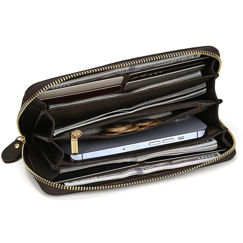 Billetera de lujo para hombre, cartera de mano de cuero genuino, monedero largo grabado en relieve, carteras de hombre de cuero grueso, carteras de mano de cuero para dinero