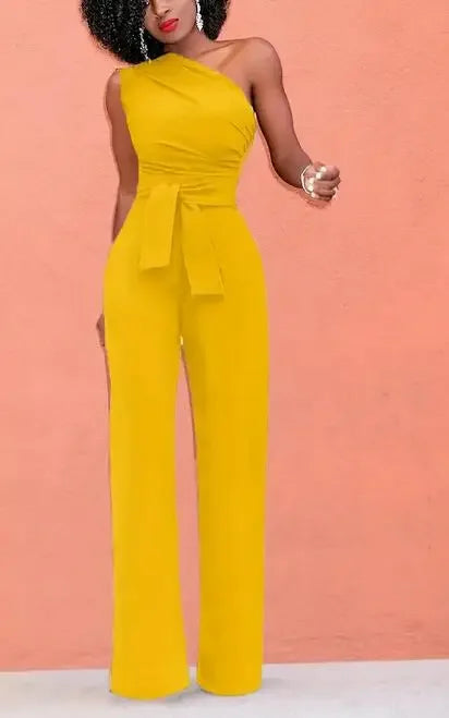 Damejumpsuit Ensfarget Skjev Krage Avskåret Topp Rette Bukser Belte Sexy Ermeløs Løse Bukser Elegant Sjarmerende Playsuits