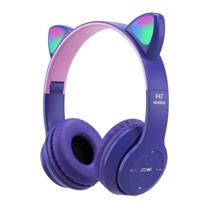 Casque de jeu sans fil P47M avec lumière clignotante et oreilles de chat mignonnes, avec micro, contrôle LED, musique stéréo, téléphone, Bluetooth, cadeau